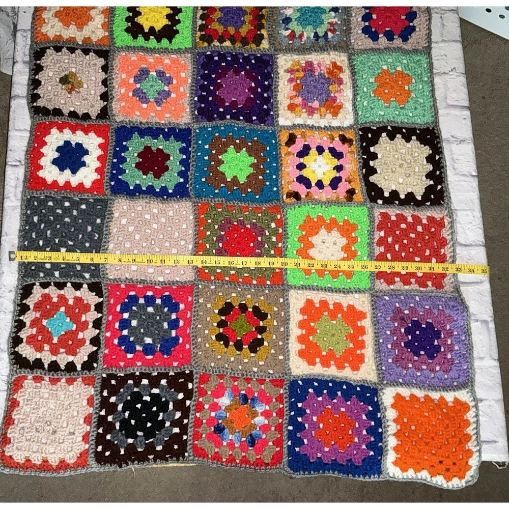 Hand Crochet Granny Square Blanket Afghan Throw Groovy Colorful 33x37